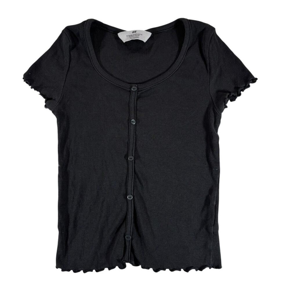 H&M Women's Black Ribbed Button-Front Top 12/14 Short Sleeve Fitted Stretch Knit